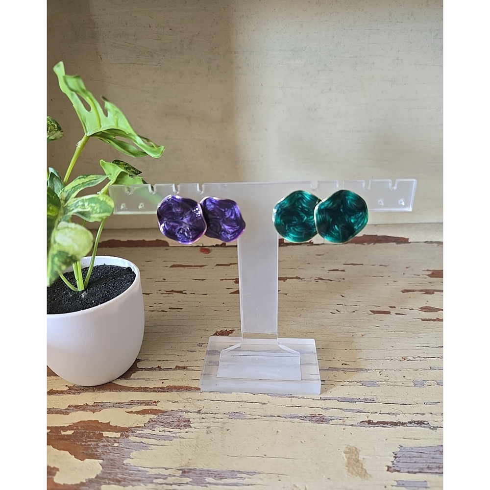 Vtg Purple Green Enamel Swirled Round Elegant Costume Fashion Jewelry Earrings